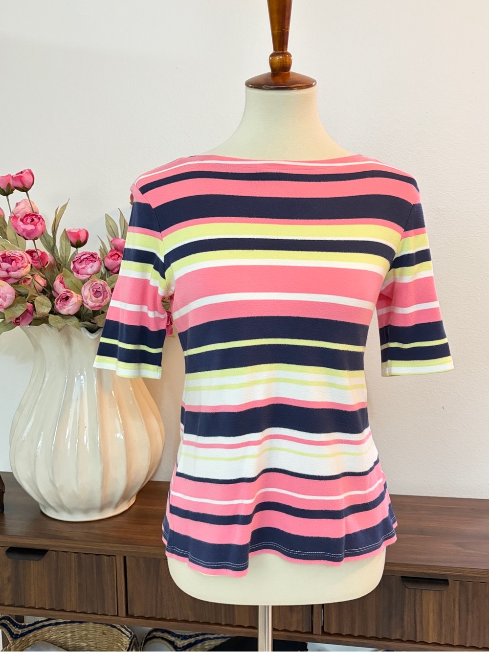 Charter Club Luxury Petite 100% PIMA COTTON Striped Short-Sleeve Knit Top